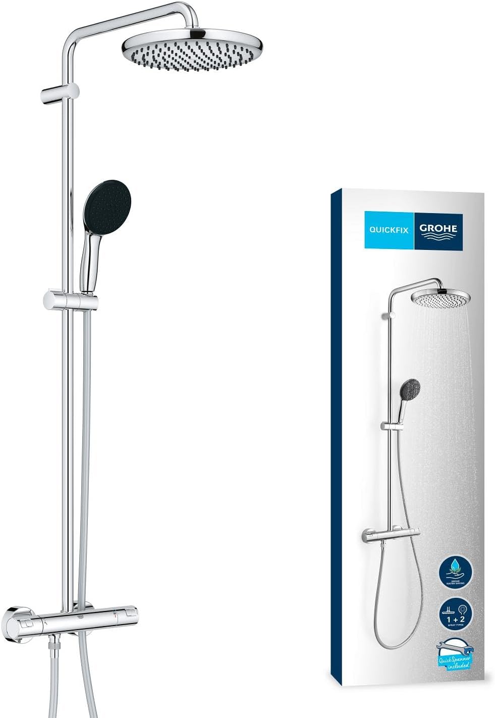 GROHE Vitalio Start System 250 — Sistema de ducha con termostato, cabezal de 25 cm y teleducha de 10 cm con dos chorros